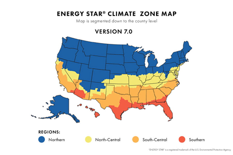 The ENERGY STAR climate zone map of the U.S. for windows, doors and skylights.  