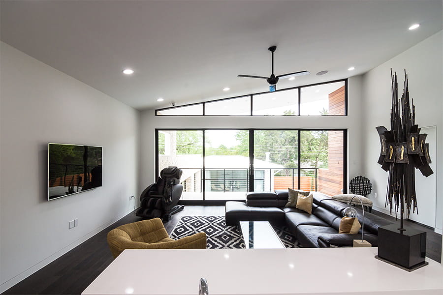 living room with specialty designed custom windows